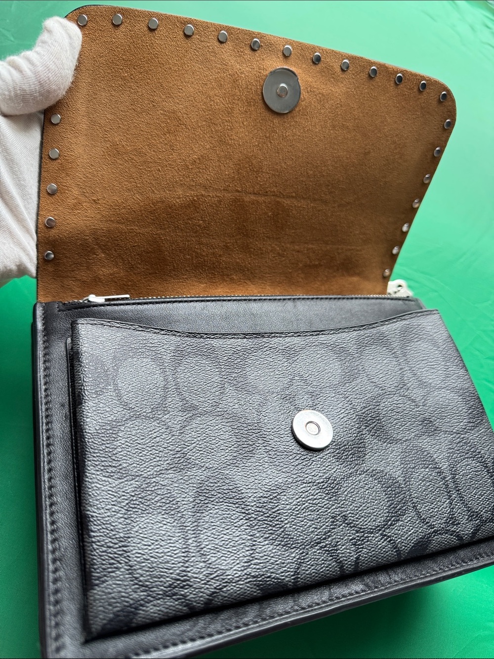 🖤Coach Black Leather 🖤& Signature Canvas Crossbody with Silver Studs - Picture 10 of 17